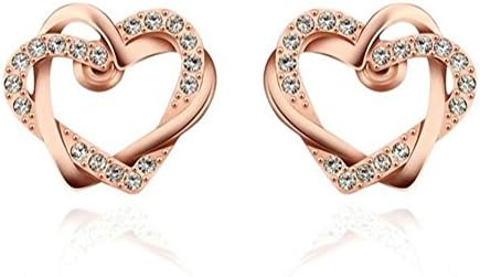 VVeda Europe Rose Gold Diamond Stud Earrings Fashn Double Heart Jewelry(E1)