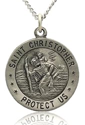 Saint Christopher Medal Necklace in Solid 925 Sterling Silver "PROTECT US MEDAL" 18.5 MM (.72 inch) With Jewelry Gift Box - Patron Saint of Travelers