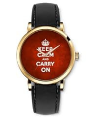 SPRAWL Aanalog Fashion Series Gold Ladies Watches of Genuine Black Leather Strap,Unique Wrist Watch for Women Girls Designed with Keep calm and carry on