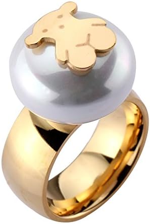 18k Gold Plated Women's Teddy Bear Big Pearl Stainless Steel Ring for Girl (8)