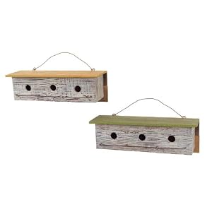 Set of 2 Long Rustic Spring in Bloom Green and Yellow Wooden Birdhouses 18 by
