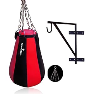 Cowhide Leather Pear Shape Maize Bag Kickboxing Punch Bags Filled With Free Chain And Punchbag Wall Bracket Heavy Duty Metal With Complete Fitting Red Black 2 Ft