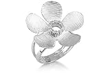 14K White Gold Matte-Finish Hand-Crafted and Etched Concave Flower Ring, Centered with Pave Set Diamonds.