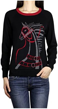 Premium Women's Horse Graphic Jacquard Designer Warm and Soft Sweater (Large, Black)