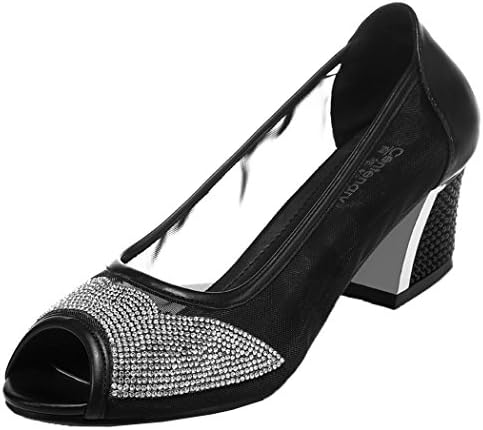 Kiwii Women Fashion Pu Leather With Mesh Peep Toe Beads Decorated Chunky Mid Heel Loafer Shoes(5.5 B(M) US, Black)