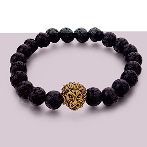 Long Way Natural Lava Rock Matte Agate Bracelet Lion Head Elastic Strand Bangle for Women and Men