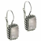 Sterling Silver Genuine Rose Quartz Stone Rectangle LeverBack Lever Back Earrings