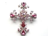 Victorian Pink Rose Crystal Rhinestone Flourish Floral Holy Cross Pin Brooch