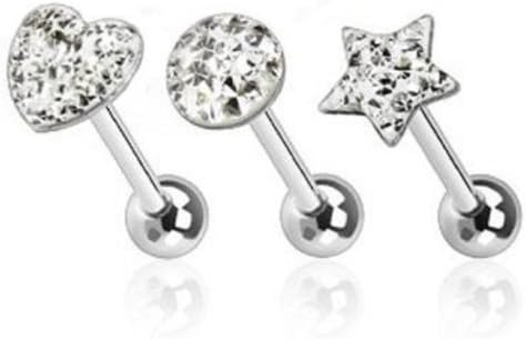 3Pcs Heart, Round, Star Clear CZ Paved Tongue Ring Pack 14G 5/8" Length