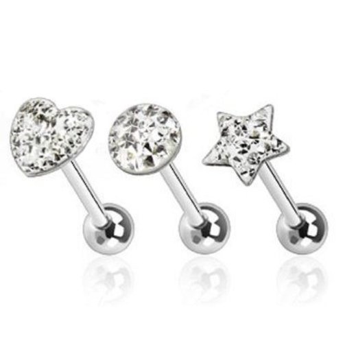 3Pcs Heart, Round, Star Clear CZ Paved Tongue Ring Pack 14G 5/8" Length
