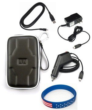 Garmin Nuvi 785T Accessory Bundle - Premium Nylon/ EVA Carrying Case (Grey) + Car Charger + Home Travel AC Charger + USB Data Cable + Free Stars Stripes Silicone Wristband