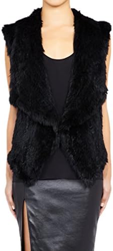 AORUI Women's Knitted Fur Waistcoat Real Rabbit Fur Vest with Turn-down Collar Black US10