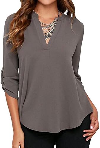 Evishine Women Summer V-neck Long Sleeve Cuffed Loose Chiffon T-Shirt Tops Blouses (XL, Grey)