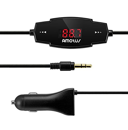 Amotus Wireless FM Transmitter Music Radio Car Kit Bundle with 5V/2.4A USB Charger& 3.5mm Audio Plug for iPhone 6/6s plus, iPad Samsung HTC and More Android Phones