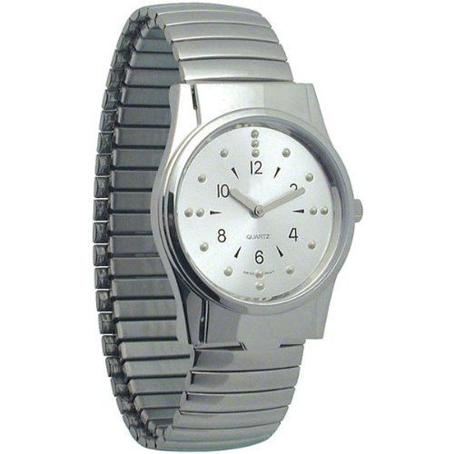 Mens Chrome Quartz Braille Watch with Chrome Expansion Band