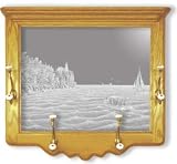 Wall Mounted Etched Mirror Coat Rack - Lighthouse Art Etching - Solid Oak, Hand-Rubbed Finish