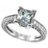 Princess Cut Blue AAA Aquamarine & VS Diamonds Enagement Ring 14k White Gold Antique Style