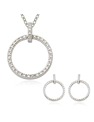Sterling Silver Rhodium Plated Diamond Accent Circle Pendant, 18" and Earring Set