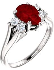 18K White Gold 9.00x6.00mm Pear Cut Chatham Created Ruby and Diamond Ring -- LIFETIME WARRANTY