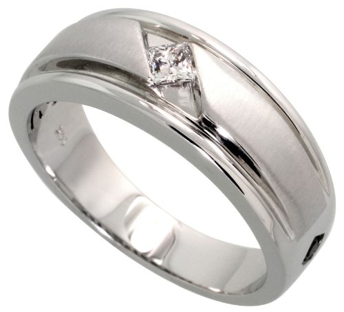 14k White Gold Comfort Fit Men\'s Diamond Band, w/ 0.20 Carat Princess Cut Diamond, 5/16 in. (8mm) wide