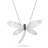 10k White Gold Black and White Diamond Dragonfly Pendant (0.07 cttw, I-J Color, I2-I3 Clarity), 18
