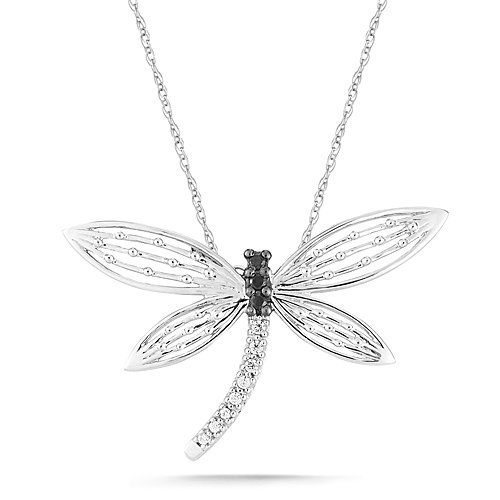 10k White Gold Black & White Diamond Dragonfly Pendant (0.07 cttw, I-J Color, I2-I3 Clarity), 18