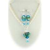 Aqua Murano Glass Heart Pendant Freshwater Pearl Lariat Necklace Earrings Set ne1216