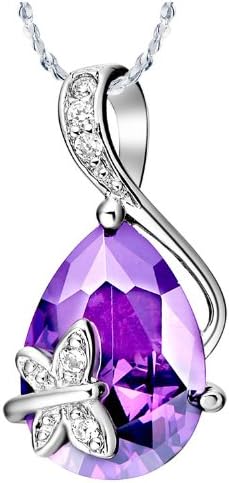 White Gold Plated Butterfly Teardrop Swarovski Elements Crystal Pendant Necklace - Violet Purple
