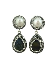 Sterling Silver Black Rhodium Two Tier Pearl And Labradorite Earrings With Hematites and Swarovski Crystals