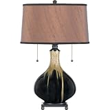 IMAGE OF Quoizel Q793T Aidan Museum of New Mexico 2-Light Table Lamp with Tan Silk Shade with Trim, Black Drip Glazed Ceramic Base