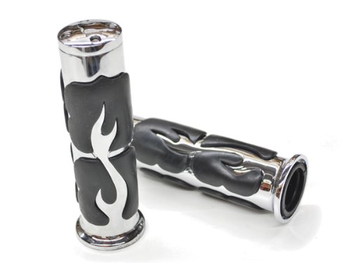 Motorcycle Molded Rubber Chrome Flame Hand Handlebar Grips Grip Custom High Quality Chrome Billet Grips Fits Cruisers, Choppers, Harley Davidson, Suzuki, Kawasaki, Yamaha, Honda, Metric Motor Bikes, Hogs with 1
