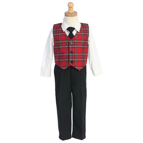 Little Boys Red Plaid Christmas Special Occasion 3pc Suit Tie Set 6M-7