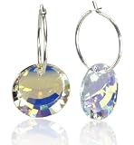 12mm Mini Silver Wire Hoop Earring, Swarovski 12mm Sun (Round Disc) Crystal AB (3067)