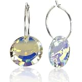 12mm Mini Silver Wire Hoop Earring, Swarovski 12mm Sun (Round Disc) Crystal AB (3067)