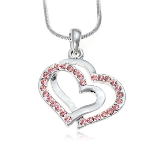 Pink Crystal Silvertone Double Heart Charm Pendant Necklace