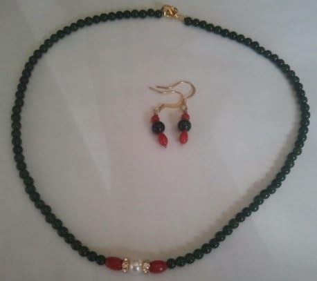 Green Jade,Red coral & Freshwater Pearl Strand Necklace Set