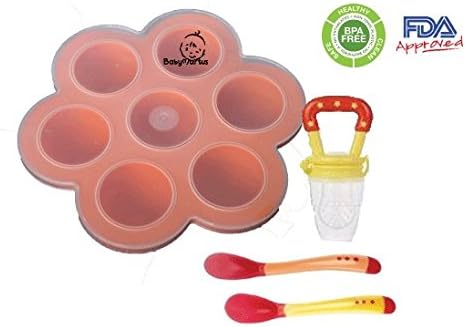 HEALTHY homemade Baby food kit: 7 portions storage container tray / freezer (with lid) with a Feeder and 2 heat sensitive spoons