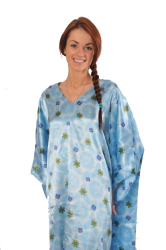 Up2date Fashion Satin Caftan/Kaftan, Style#Caf04, One Size Fits All, Light Blue Floral Print