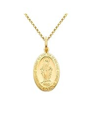 14K Yellow Gold Large Religious Miraculous Mary Medal Charm Pendant with Yellow Gold 1.2mm Classic Rolo Cable Chain Necklace with Lobster Claw Clasp - Pendant Necklace Combination (Different Chain Lengths Available)