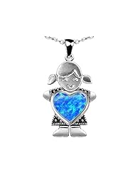 Original Star K (tm) Little Girl Holding 8mm Heart Mother Birthstone Pendant Created Blue Opal in 925 Sterling Silver