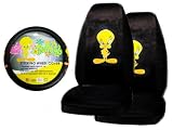 A Set of 2 Universal Fit Seat Covers and 1 Comfort Grip Steering Wheel Cover - Tweety Bird Stars and Hearts Attitude