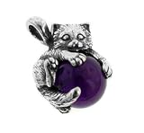 Sterling Silver Cat or Kitten on Dark Purple Amethyst Sphere Slide Pendant