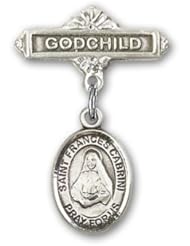 Sterling Silver Baby Badge with St. Frances Cabrini Charm and Godchild Badge Pin