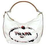 Prada White Nylon & Leather Stencil Logo Hobo Bag