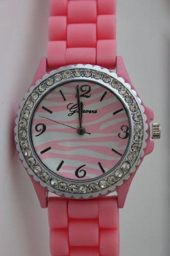 Women's Geneva Light/Baby Pink Zebra Platinum Silicone Rubber Jelly with CZ Crystal Rhinestones Face Bling Bezel