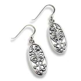 Flowering Tree of Life Religious Symbol Filigree Sterling Silver Oval Hook Earrings