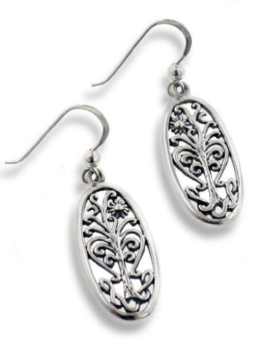 Flowering Tree of Life Religious Symbol Filigree Sterling Silver Oval Hook Earrings