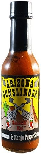 Arizona Gunslinger Habanero & Mango Pepper Sauce [30 Pieces] Product Description: 3/4 Oz Plastic Bottle. Ingredients: Mangoes, Water, Tomato Paste, Carrots, Onion, Distilled Vinegar, Habanero Peppers, Spices, Salt, Edta, Sodium Benzoate & Pot