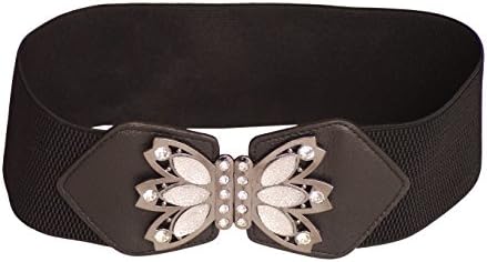 Cleyton Ladies Butterfly Buckle Rhinestone Inlaid 3" Wide Stretch Elastic Waist Belt (M(30-35inch), Black)