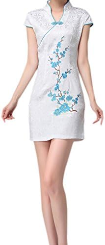 FH Blossom Chinese Taste Plum Flower Embroidery Short Sleeve Slim Cut Elegant Cheongsam(Blue)